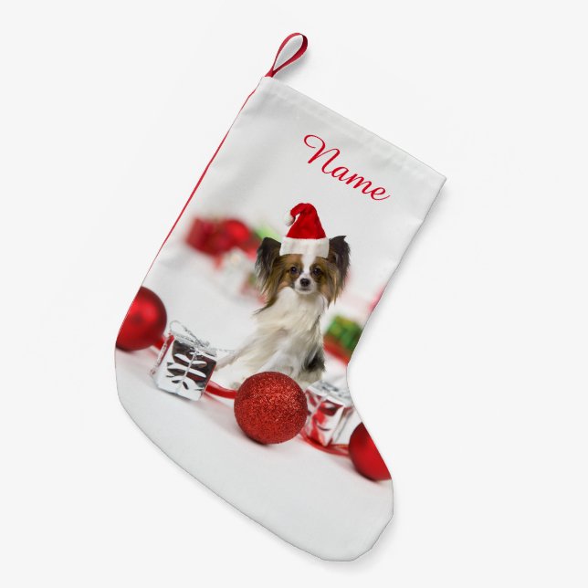 Calcetín Navideño Pequeño Cute Papillon Dog Navidades Santa Hat (Frente (Colgado))