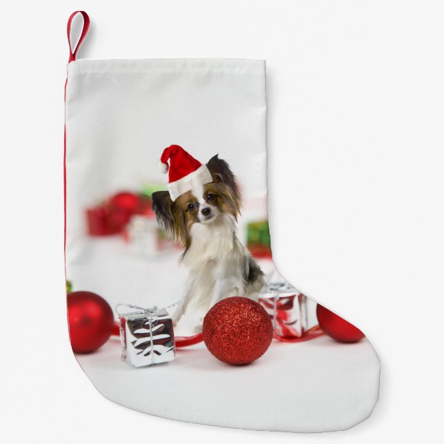 Calcetín Navideño Pequeño Cute Papillon Dog Navidades Santa Hat (Anverso)