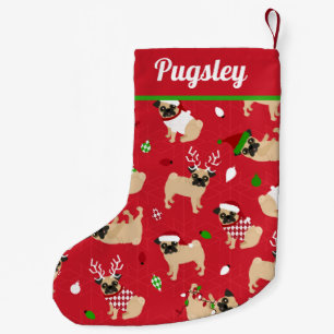 Calcetín Navideño Pequeño Cute Pugs Rojo Doble Lado