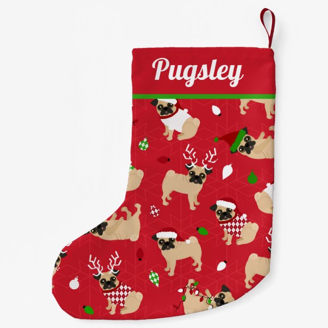 Calcetín Navideño Pequeño Cute Pugs Rojo Doble Lado (Reverso)