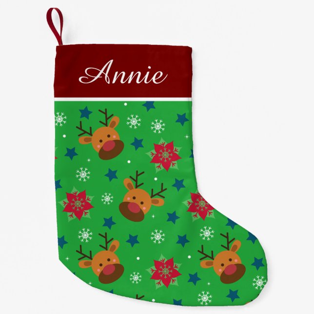 Calcetín Navideño Pequeño Cute Reno y Copo de Nieve Personalizado (Anverso)
