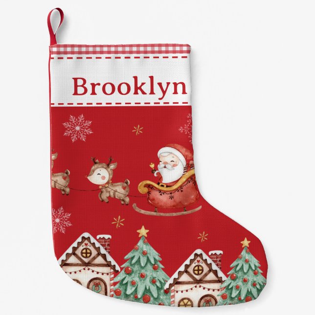 Calcetín Navideño Pequeño Cute Santa Claus Sleigh Reindeer Tree Gingerbread (Anverso)