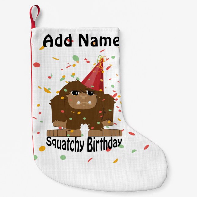Calcetín Navideño Pequeño Cute Squatchy Birthday Bigfoot (Anverso)