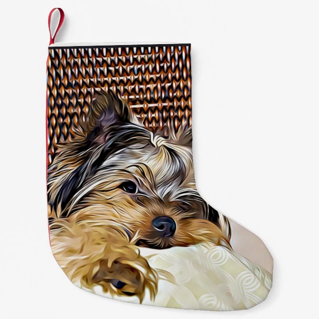Calcetín Navideño Pequeño Cute Teacup Yorkie Yorkshire Terrier Digital Art (Anverso)