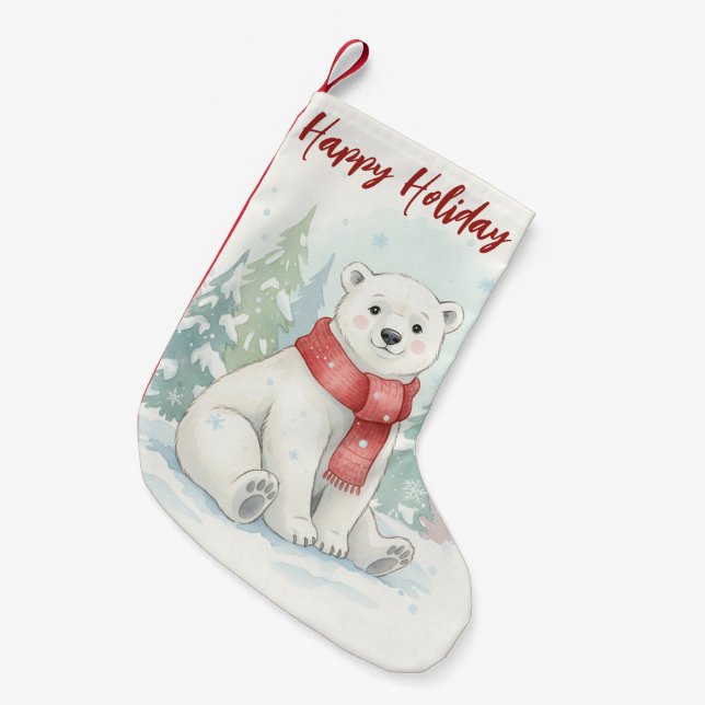 Calcetín Navideño Pequeño Cute watercolor Polar Bear Winter (Frente (Colgado))
