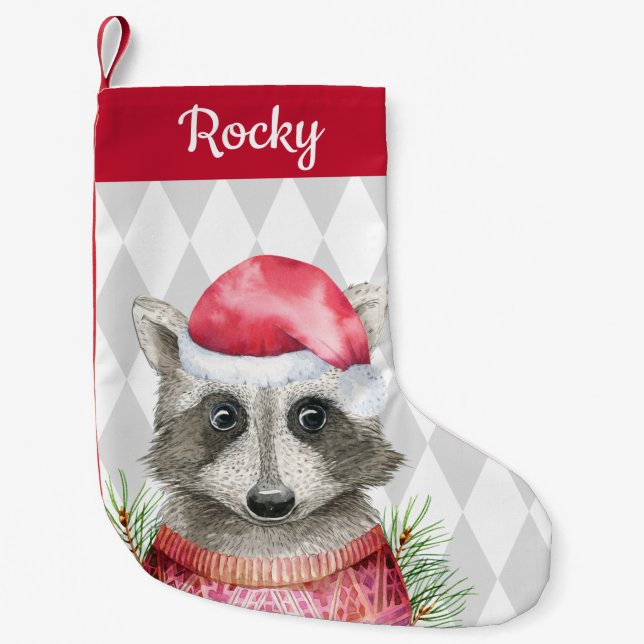 Calcetín Navideño Pequeño Cute Woodland Raccoon en Santa Hat (Anverso)