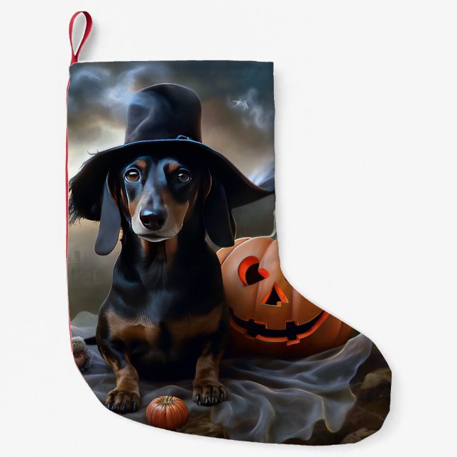 Calcetín Navideño Pequeño Dachshund Halloween Scary (Anverso)