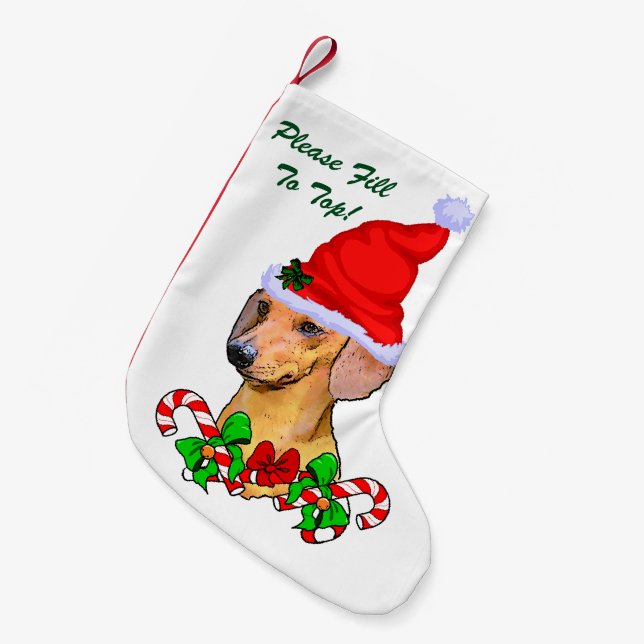 Calcetín Navideño Pequeño Dachshund Merry Christmas (Frente (Colgado))
