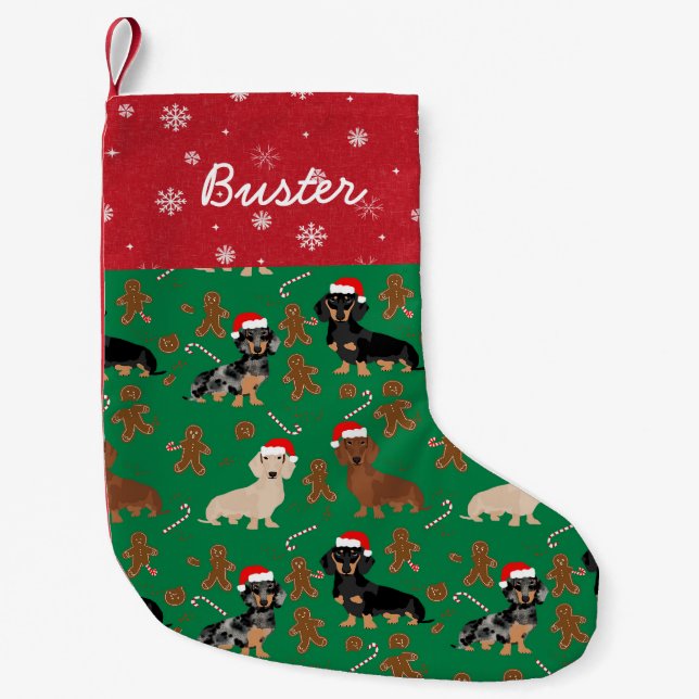 Calcetín Navideño Pequeño Dachshund personalizado perro nombre jingerbread (Anverso)