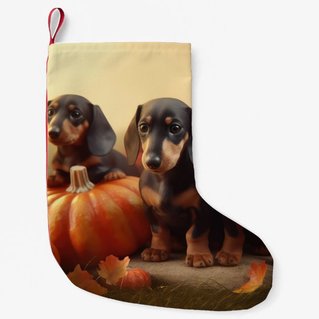 Calcetín Navideño Pequeño Dachshund Puppy Calabaza deslumbrante de otoño (Anverso)