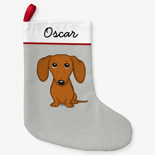 Calcetín Navideño Pequeño Dachshund rojo curado| Gracioso perro Personalizad (Anverso)