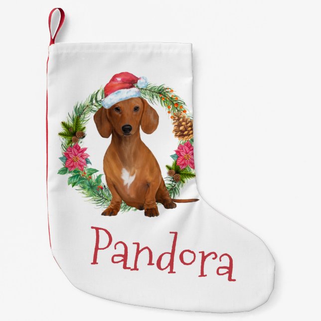 Calcetín Navideño Pequeño Dachshund Santa acuarela wreath gorra DIY nombre S (Anverso)