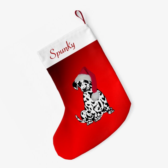 Calcetín Navideño Pequeño Dalmatian con el nombre de los perros en la parte  (Anverso (colgado))