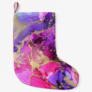 Calcetín Navideño Pequeño Deluxe Purple Pink Gold Ink Flow. Liquid layers of