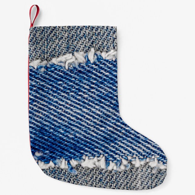 Calcetín Navideño Pequeño Denim marco. Tejidos de denim despojados con borde (Anverso)