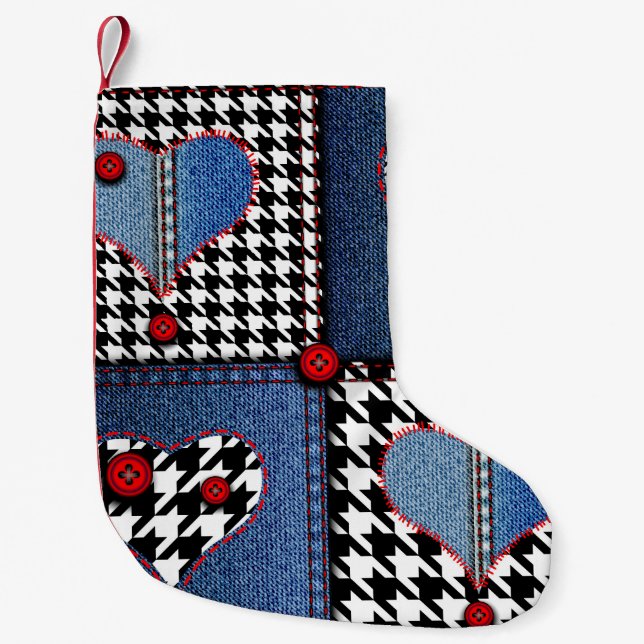Calcetín Navideño Pequeño Denim Patchwork: Patrón de tela sin costura (Anverso)