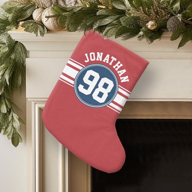 Calcetín Navideño Pequeño Deportes Jersey Naval Azul y Bandas Rojas Número d (Personalized Christmas Stocking)