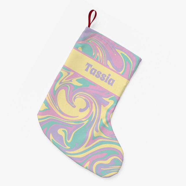 Calcetín Navideño Pequeño Derrame en rosa, amarillo, morado y verde (Frente (Colgado))