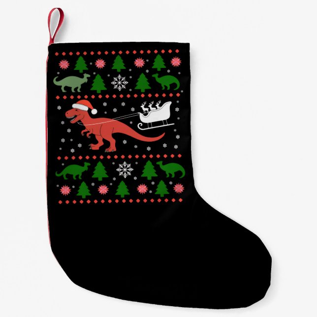 Calcetín Navideño Pequeño Dinosaur Ugly Christmas Sweater Dino T-rex  (Anverso)