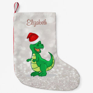 Calcetín Navideño Pequeño Dinosaurio lindo con sombrero de Santa, Bokeh bril