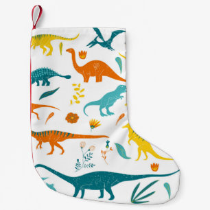 Calcetín Navideño Pequeño Dinosaurios estilizados, elementos florales, lindo