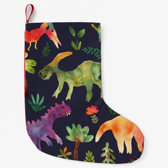 Calcetín Navideño Pequeño Dinosaurios florales: Diseño de tela acuarela (Anverso)