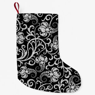 Calcetín Navideño Pequeño Diseño de fondo de flores dálmatas negras