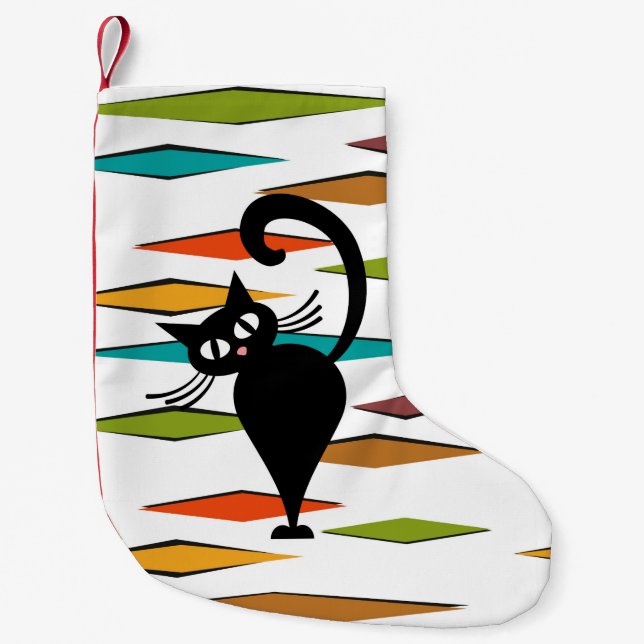 Calcetín Navideño Pequeño Diseño de gato negro de Mid Century (Anverso)