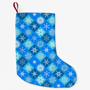 Calcetín Navideño Pequeño Diseño de patrones de copos de nieve azul