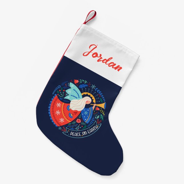 Calcetín Navideño Pequeño Diseño del Ángel de la Paz en la Tierra (Frente (Colgado))