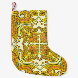 Calcetín Navideño Pequeño Diseño floral de estilo folclórico en amarillo