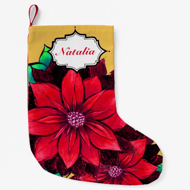 Calcetín Navideño Pequeño Diseño ROJO CLÁSICO del POINSETTIA (Anverso)