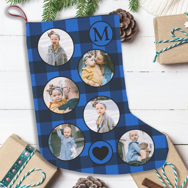 Calcetín Navideño Pequeño Diversión Personalizada Foto Bebé Azul Placa Negra (Subido por el creador)