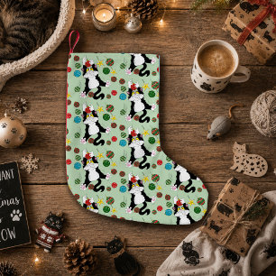 Calcetín Navideño Pequeño Divertido Gato Atractivo Negro Blanco Esmoquin Fie