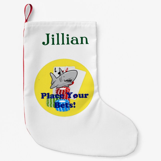 Calcetín Navideño Pequeño Divertido Personalizado de apuestas de tiburones c (Anverso)
