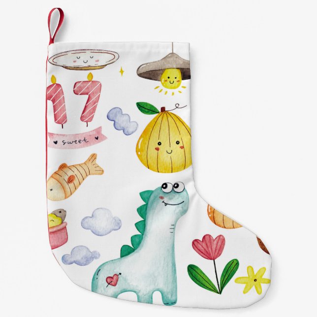 Calcetín Navideño Pequeño Doodles de acuarela de Kawaii, pegatina listo. (Anverso)