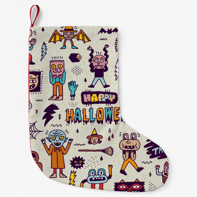 Calcetín Navideño Pequeño Doodles de Halloween, conjunto impecable personali (Anverso)