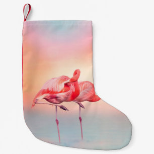 Calcetín Navideño Pequeño Dos flamencos rosados en el agua en sunsetflamingo