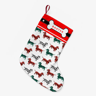 Calcetín Navideño Pequeño Doxies rojos de la tela escocesa de la franela del