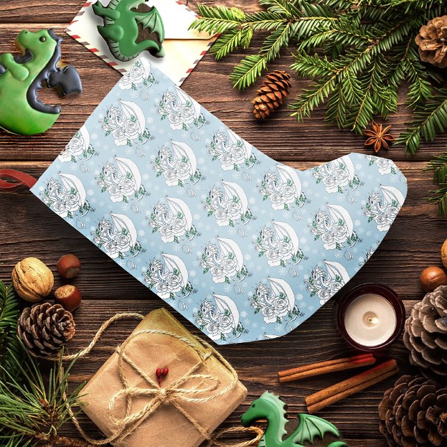Calcetín Navideño Pequeño Dragón Blanco Rosas Snowflakes Blue (Subido por el creador)