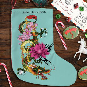 Calcetín Navideño Pequeño Dragón Chino Verde Audaz Tatuaje de Loto Verde Tur