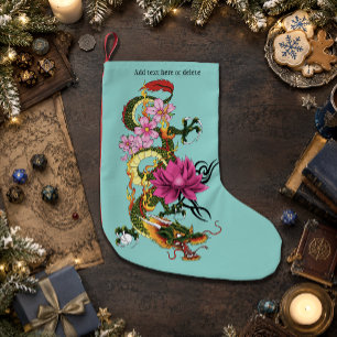 Calcetín Navideño Pequeño Dragón Chino Verde Audaz Tatuaje de Loto Verde Tur
