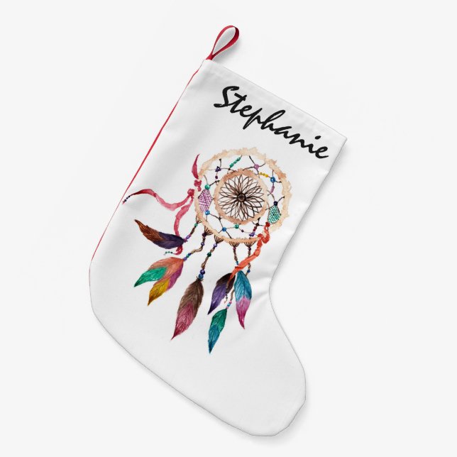 Calcetín Navideño Pequeño Dreamcatcher bohemio en pintura vibrante de la (Frente (Colgado))