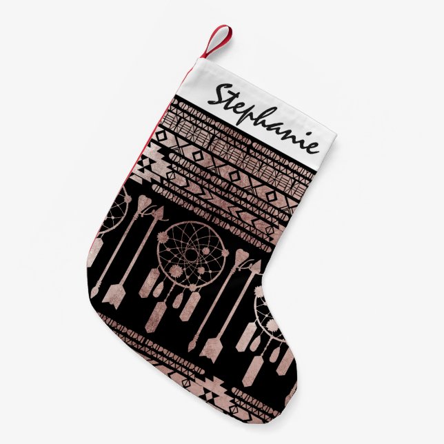 Calcetín Navideño Pequeño Dreamcatcher subió al Azteca tribal del oro en (Frente (Colgado))