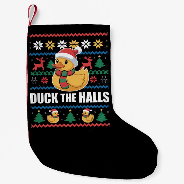 Calcetín Navideño Pequeño Duck The Halls Ugly Christmas Funny Santa Claus  (Anverso)