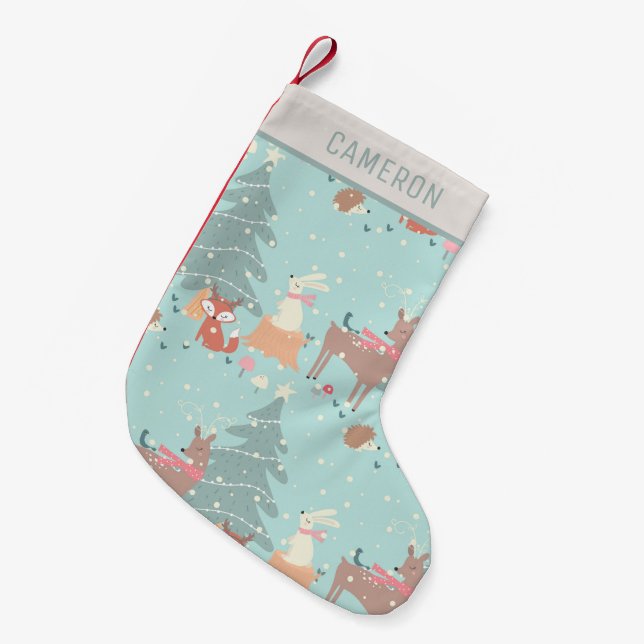 Calcetín Navideño Pequeño Dulce Navidades de Woodland Rústico Farmhouse Blue (Frente (Colgado))