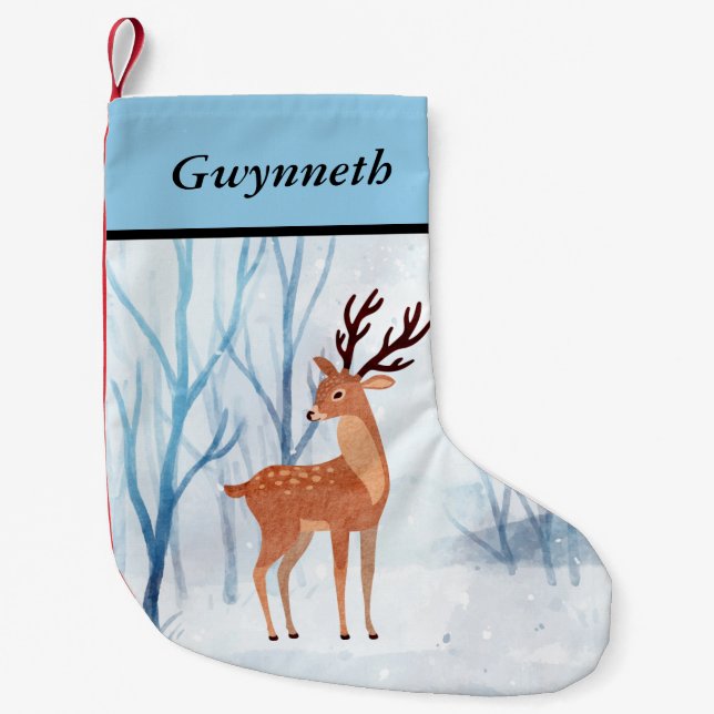 Calcetín Navideño Pequeño Dulce perro reno en un bosque de nieve (Anverso)