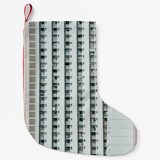 CALCETÍN NAVIDEÑO PEQUEÑO EDIFICIO DE CONCRETO BLANCO Y AZUL (Anverso)