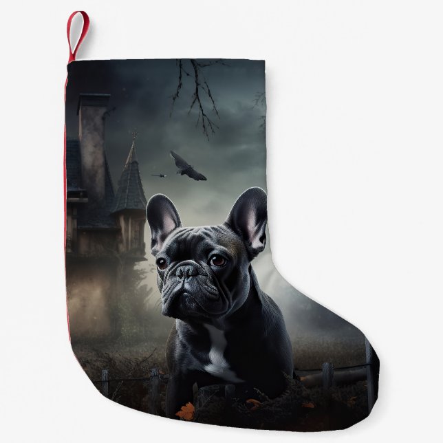 Calcetín Navideño Pequeño El miedo de Halloween en el Bulldog francés (Anverso)