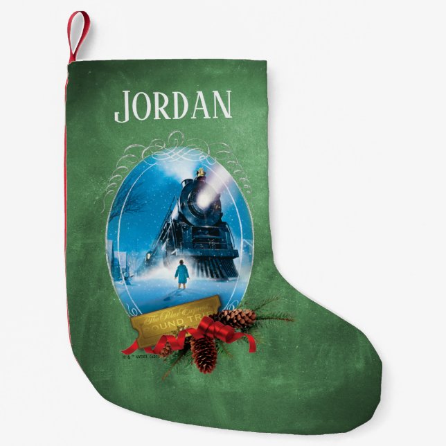 Calcetín Navideño Pequeño El Polar Express | Llegada en tren con marcos de v (Anverso)